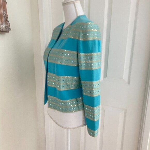 Vintage Y2K St. John Collection Turquoise Sequin Knit Crop Blazer Pants Set Size - Picture 5 of 16